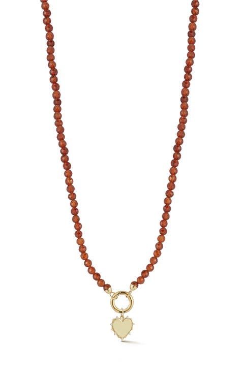 14K Yellow Gold Diamond Heart Charm Beaded Necklace