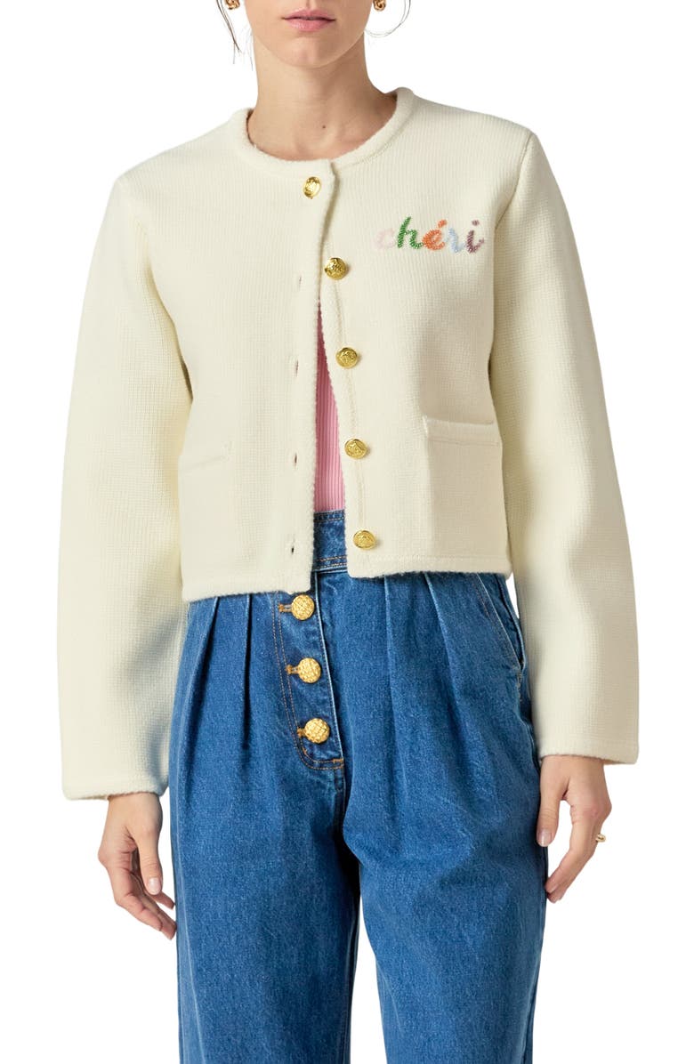 Endless Rose Cheri Beaded Cardigan, Main, color, Ivory