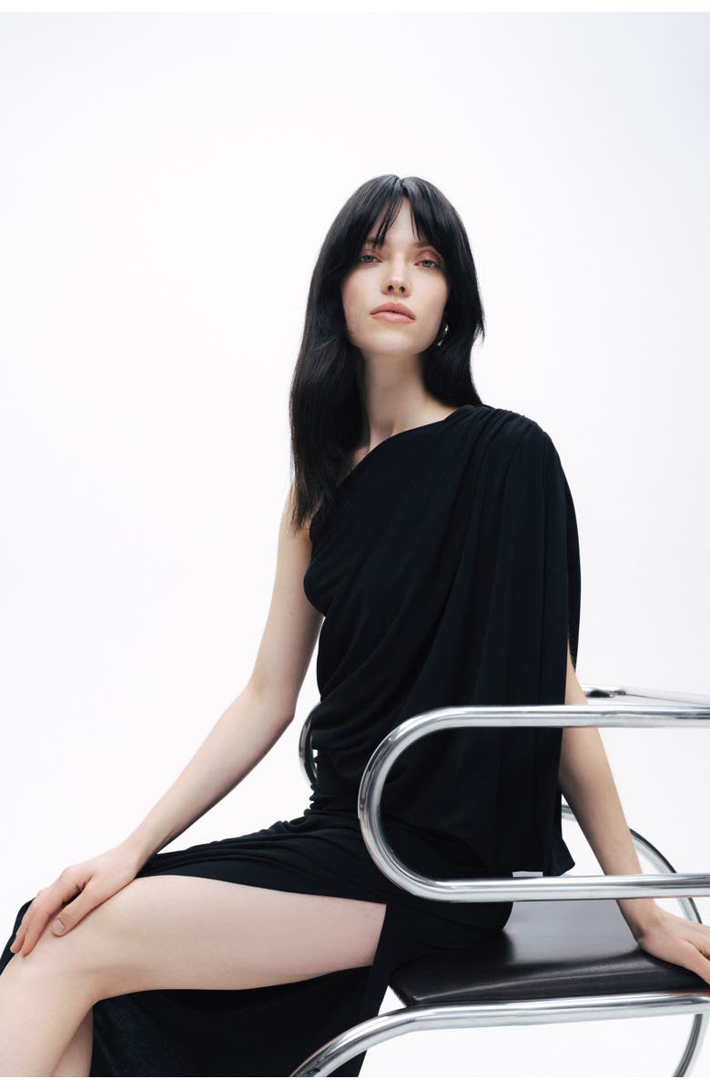 Nocturne Black One-Shoulder Draped Maxi Dress, Alternate, color,