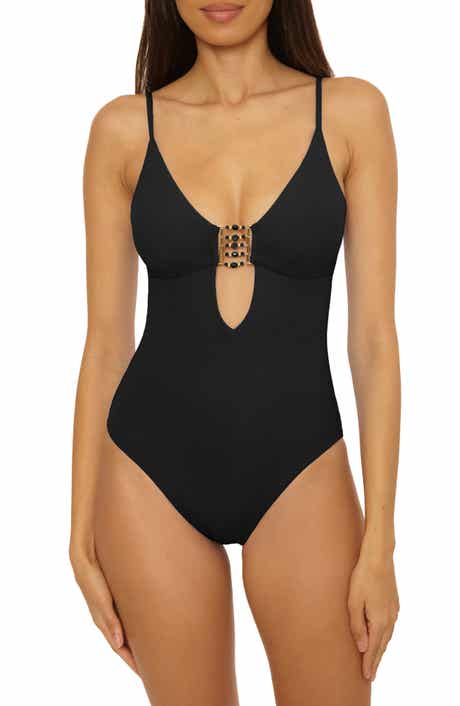 Becca Modern Edge Beaded Cutout Rib One-Piece Swimsuit