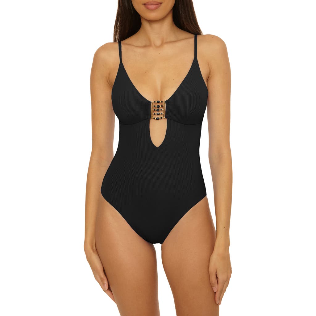 Becca Modern Edge Beaded Cutout Rib One-piece Swimsuit In Black
