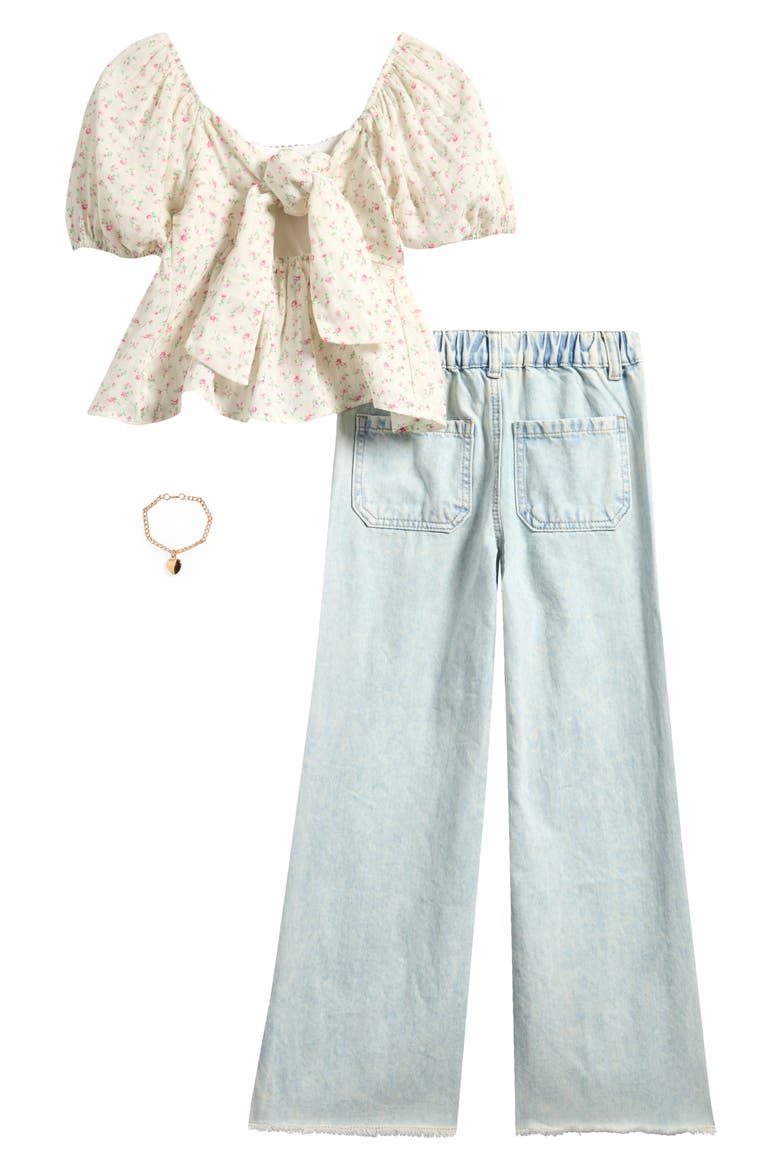 Kids' Floral Puff Sleeve Top, Wide Leg Jeans & Bracelet Set, Alternate, color, IVORY