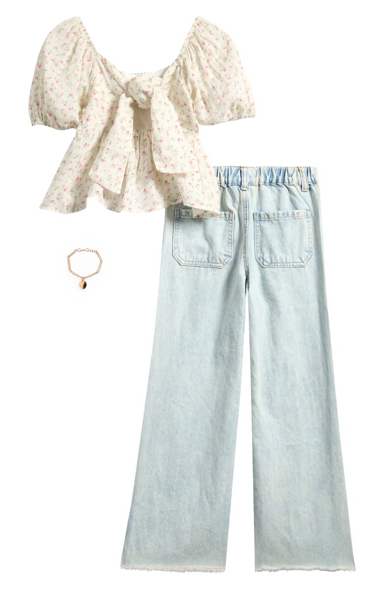 Tween Diva Kids' Floral Puff Sleeve Top, Wide Leg Jeans & Bracelet Set, Alternate, color, Ivory