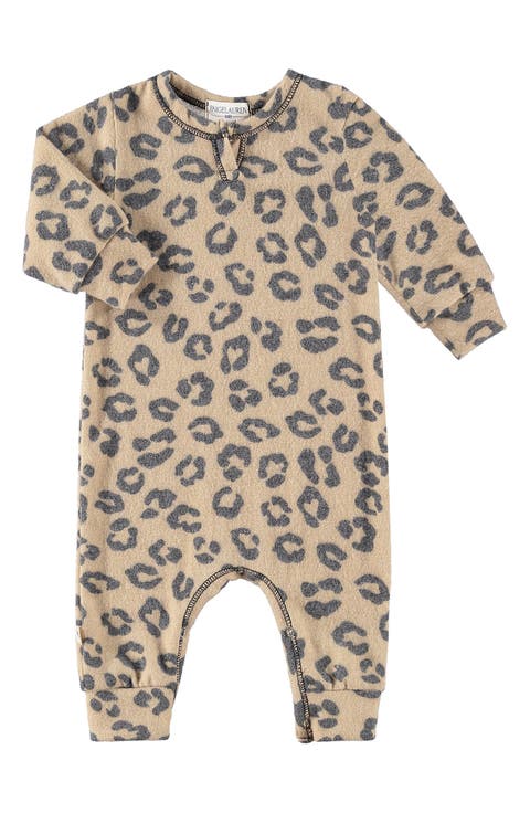 Hacci Animal Print Long Sleeve Split Neck Romper (Baby)