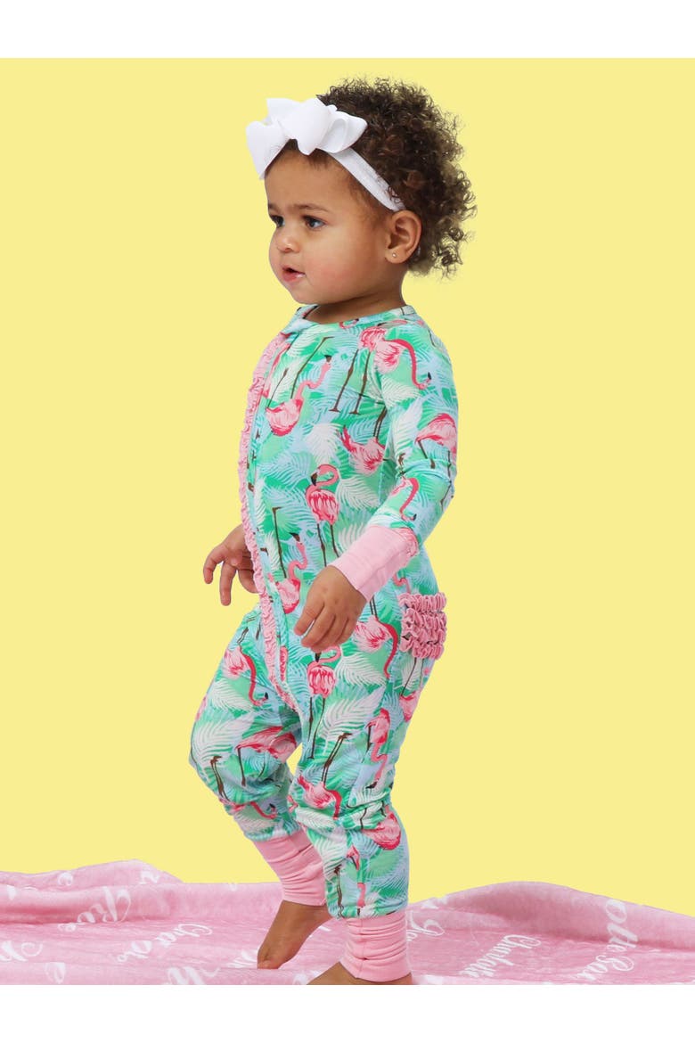 Baby Girls SoftSnooze Convertible Ruffle One Piece Pajama, Alternate, color, Green Vibrant Flamingo