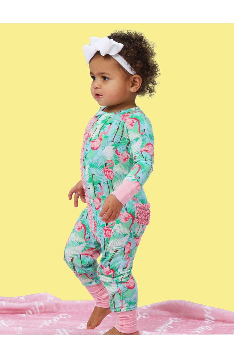 RuffleButts Baby Girls SoftSnooze Convertible Ruffle One Piece Pajama, Alternate, color, Green Vibrant Flamingo