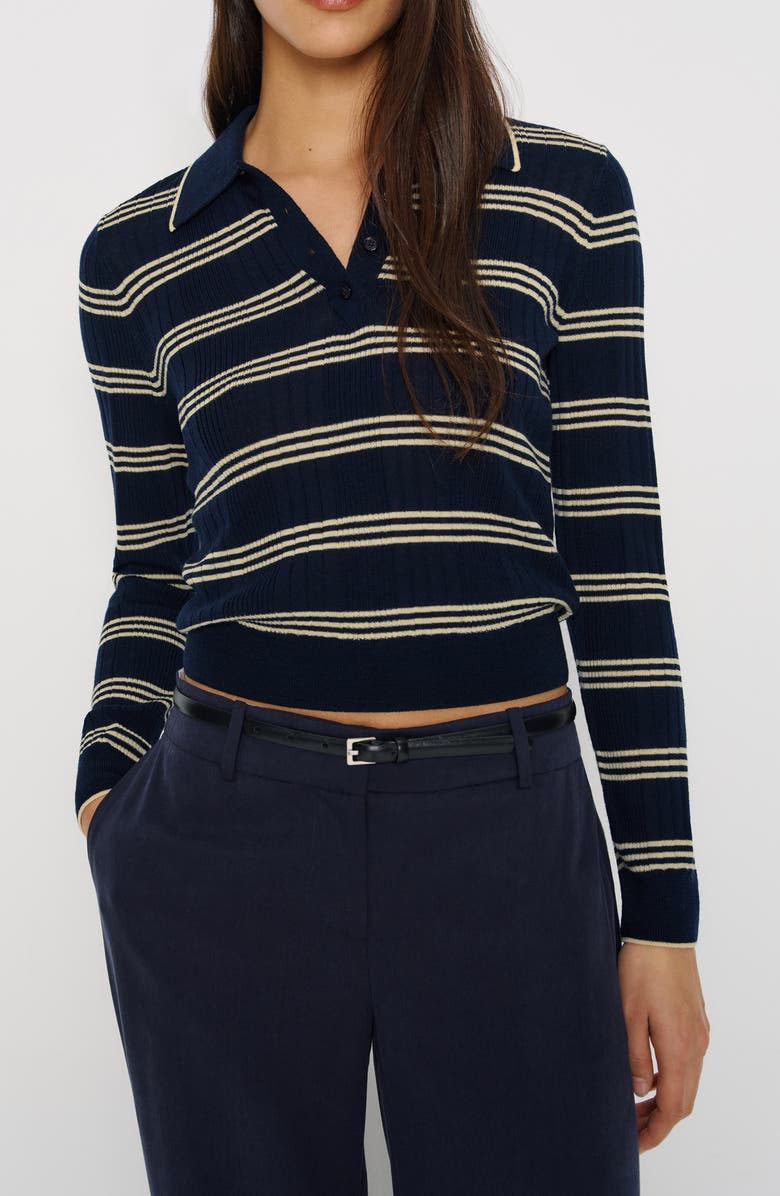 Reformation Hermia Stripe Merino Wool Polo Sweater, Main, color, Parmesan Navy Stripe