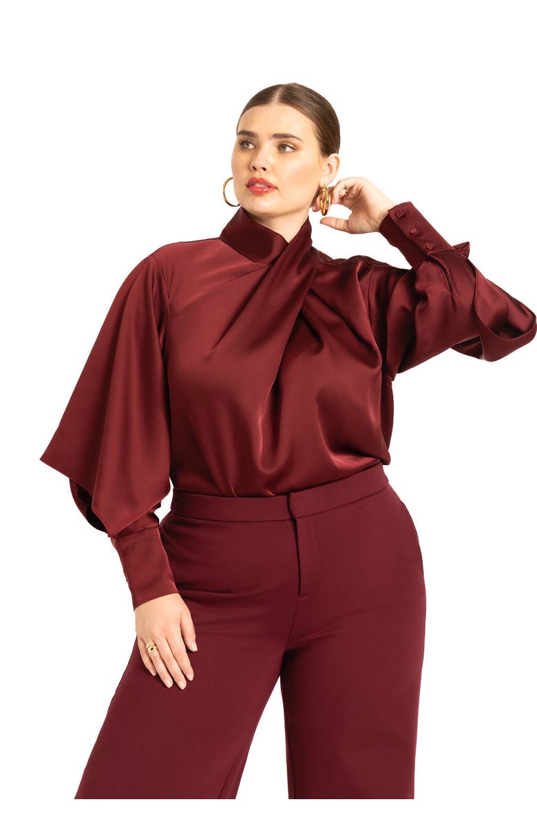ELOQUII Draped Neck Satin Blouse, Main, color, Zinfandel