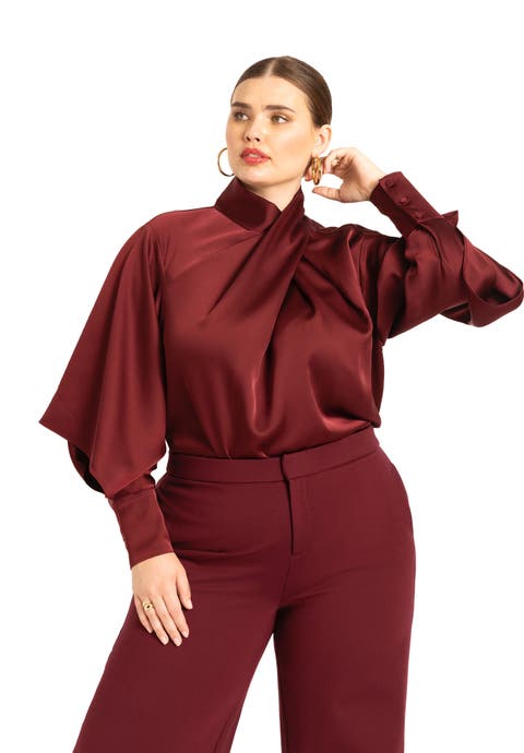 Draped Neck Satin Blouse (Plus)