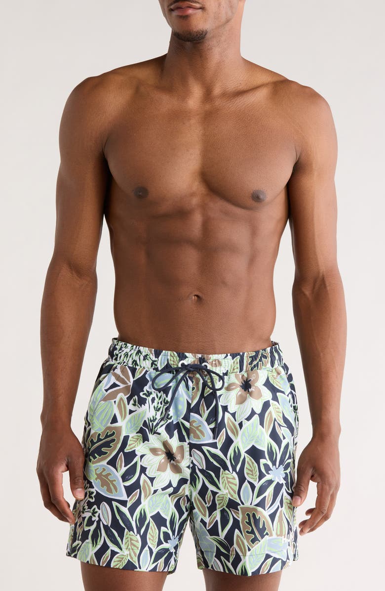 BOSS Calala Floral Print Board Shorts, Main, color, Navy