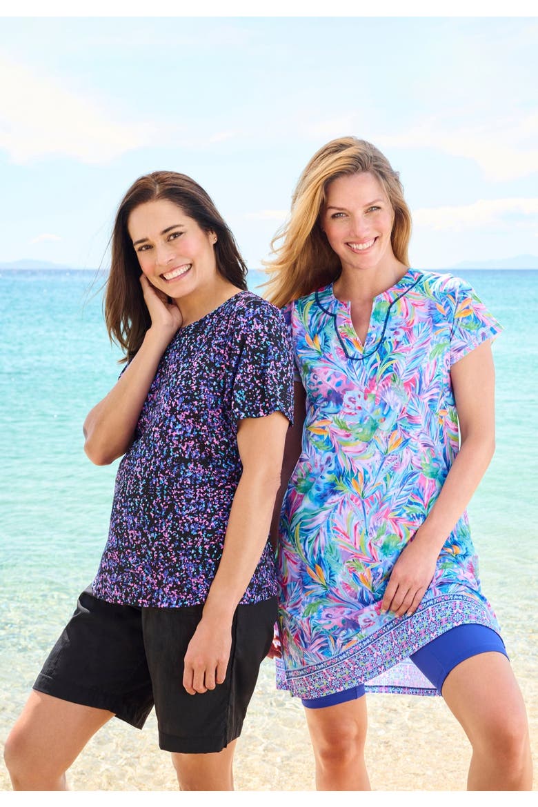 Longer-Length Notch-Neck Short-Sleeve Swim Tunic, Alternate, color, RAINBOW STARBURST