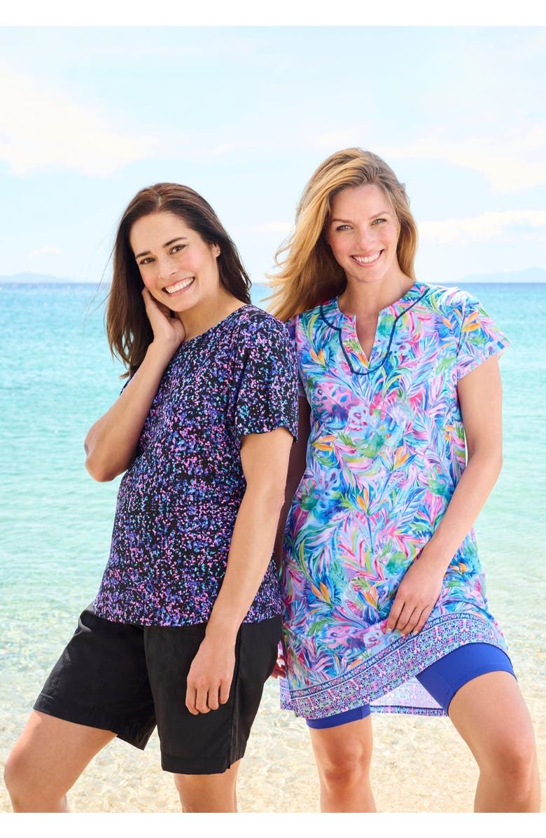 Swim 365 Longer-Length Notch-Neck Short-Sleeve Swim Tunic, Alternate, color, Gold Foil Dots