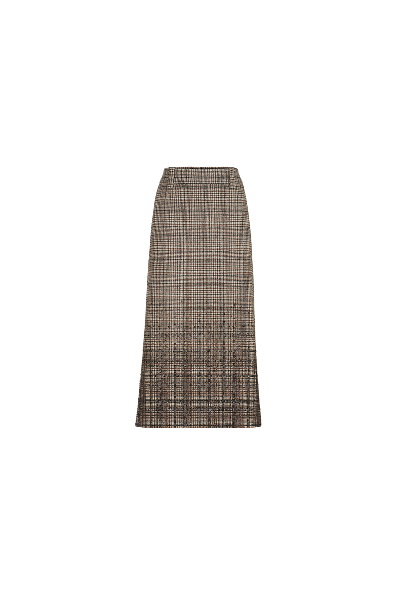 Checked alpaca and wool pencil skirt with dazzling degradé embroidery, Alternate, color, Brown