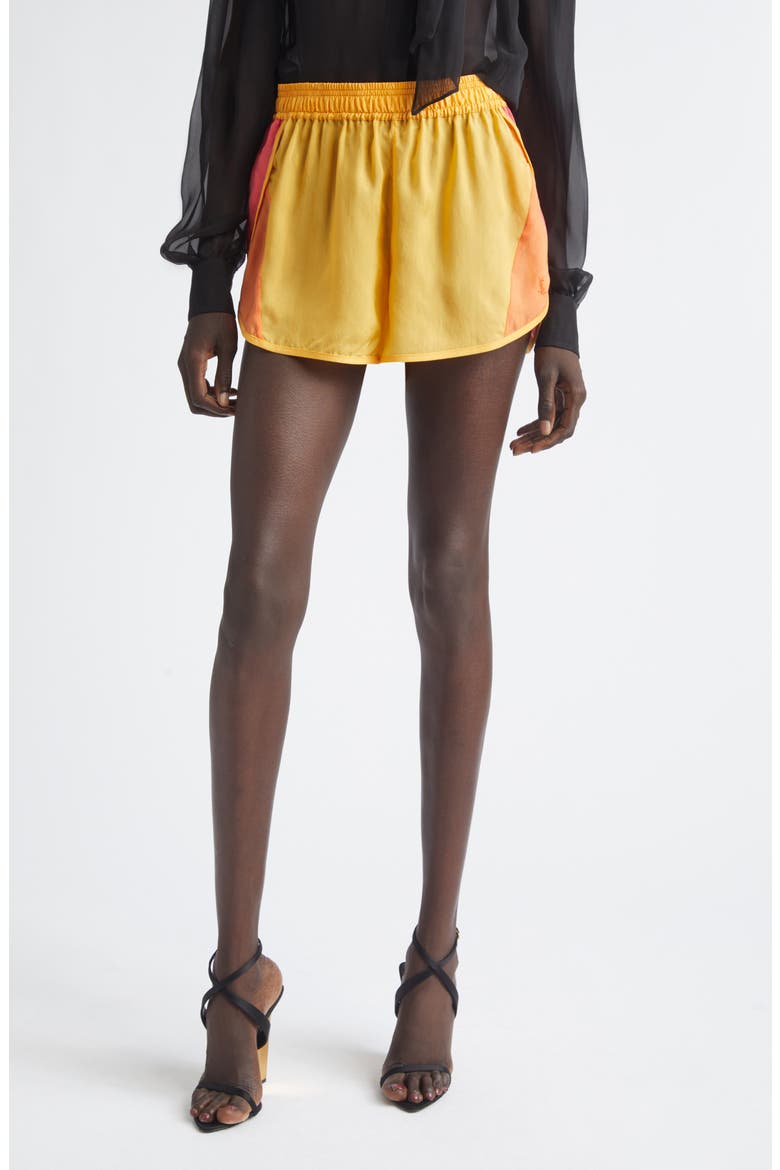 Colorblock Cupro Mini Shorts, Main, color, TOURNESOL