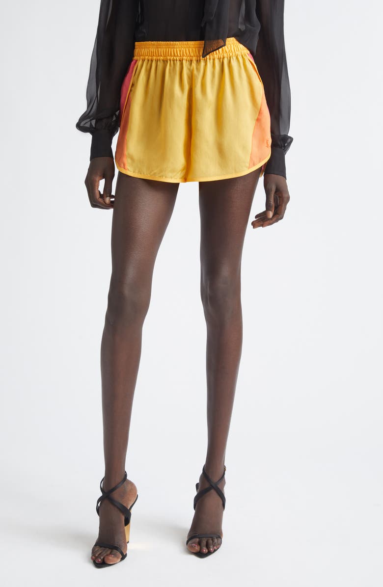 Saint Laurent Colorblock Cupro Mini Shorts, Main, color, Tournesol