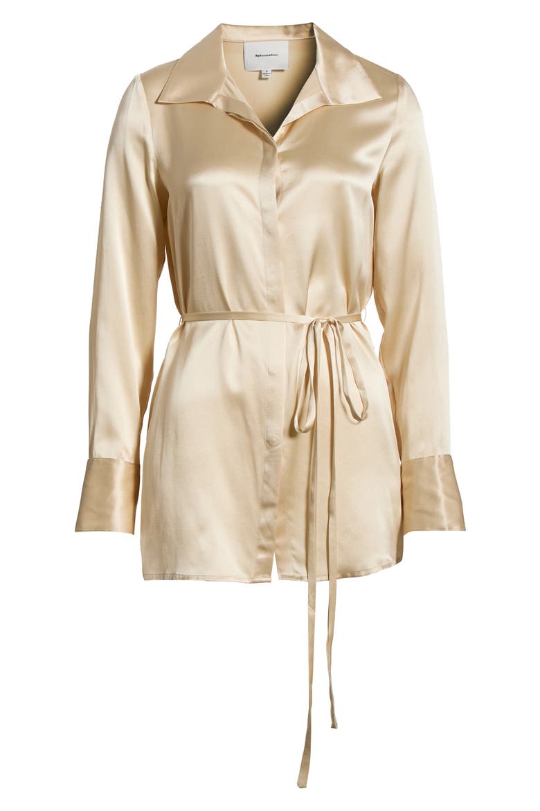 Camilla Tie Waist Silk Shirt, Alternate, color, ALMOND