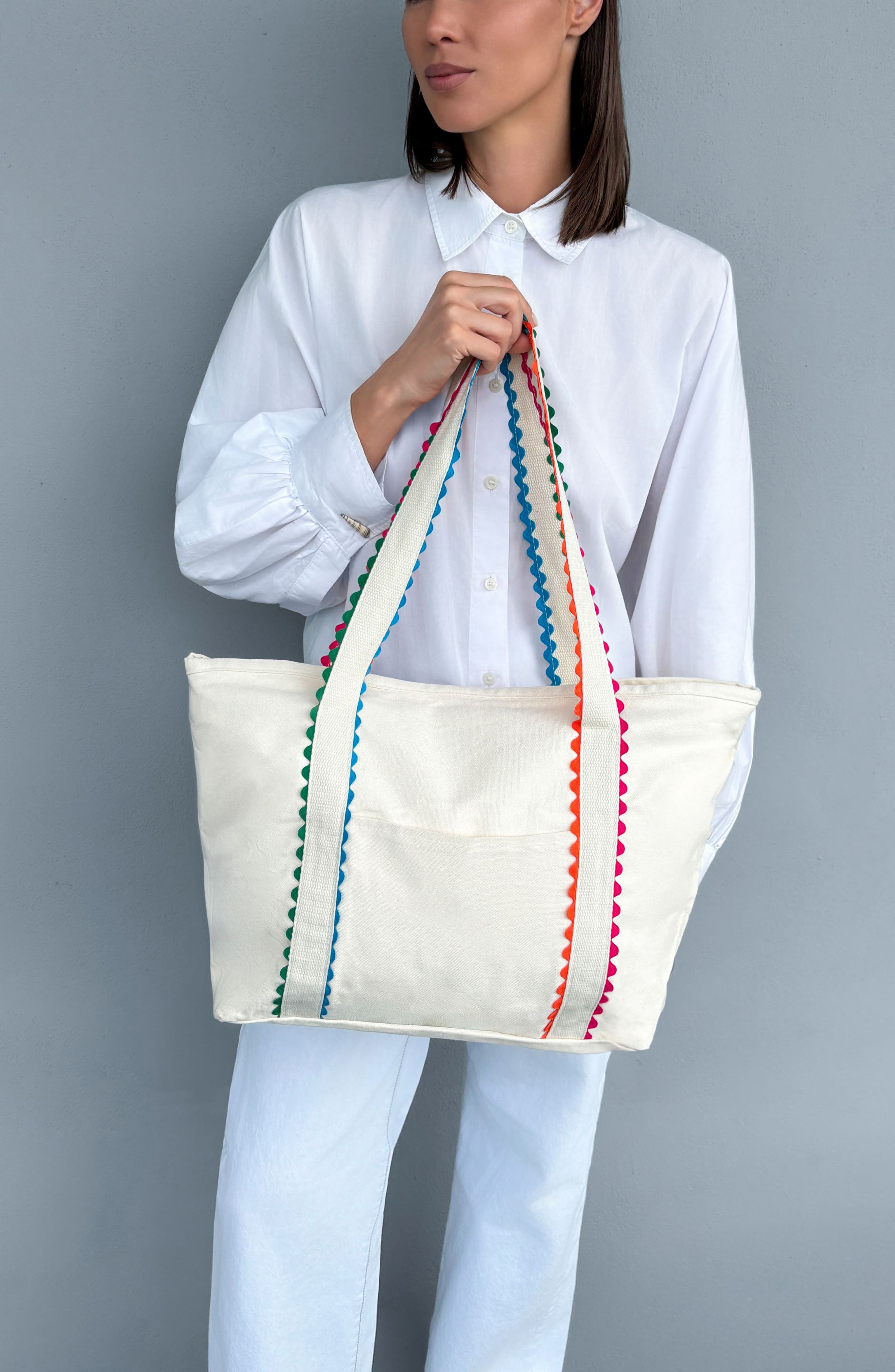 Ricrac Trim Canvas Tote, Alternate, color, WHITE