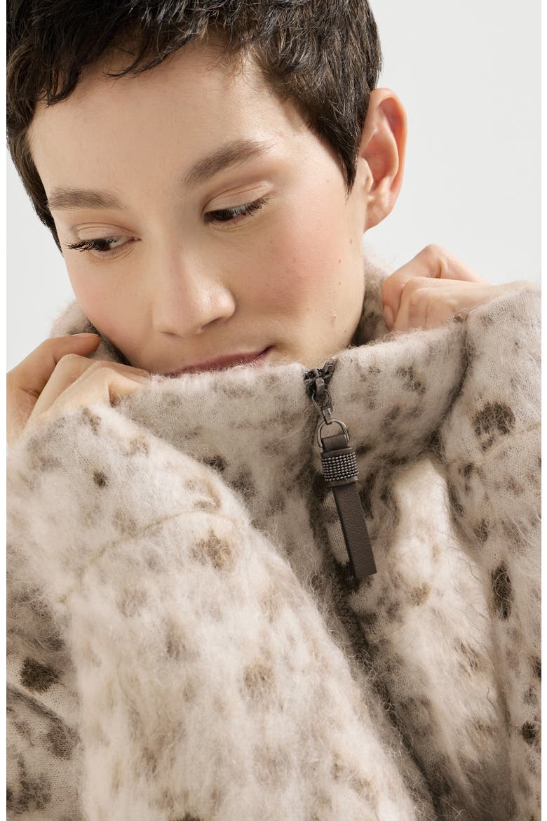 Lynx jacquard cardigan in mohair and wool with shiny zipper pull, Alternate, color, Buff