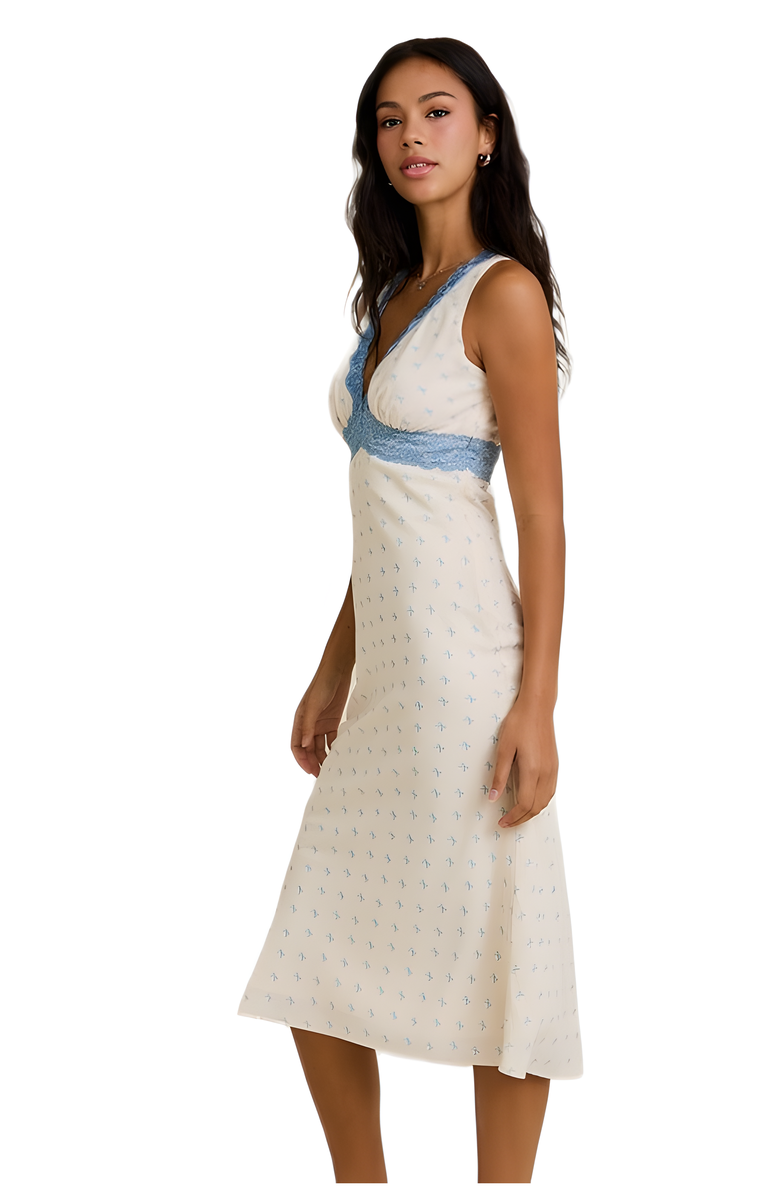 Knit and Lounge Delicate Print Lace Trim Sleeveless Midi Dress, Alternate, color, Cream / Blue Lace