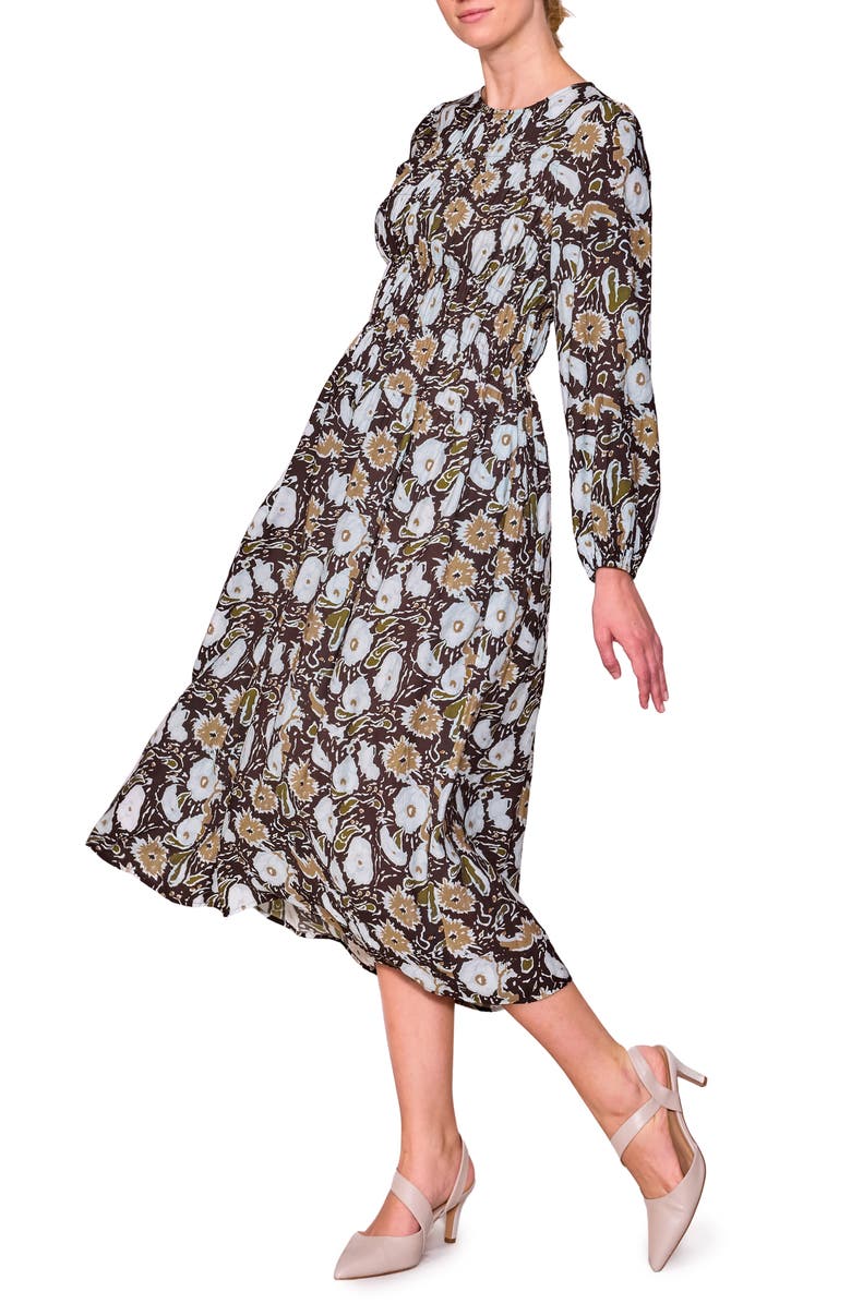 MELLODAY Floral Long Sleeve Midi Dress, Alternate, color, Chocolate Multi