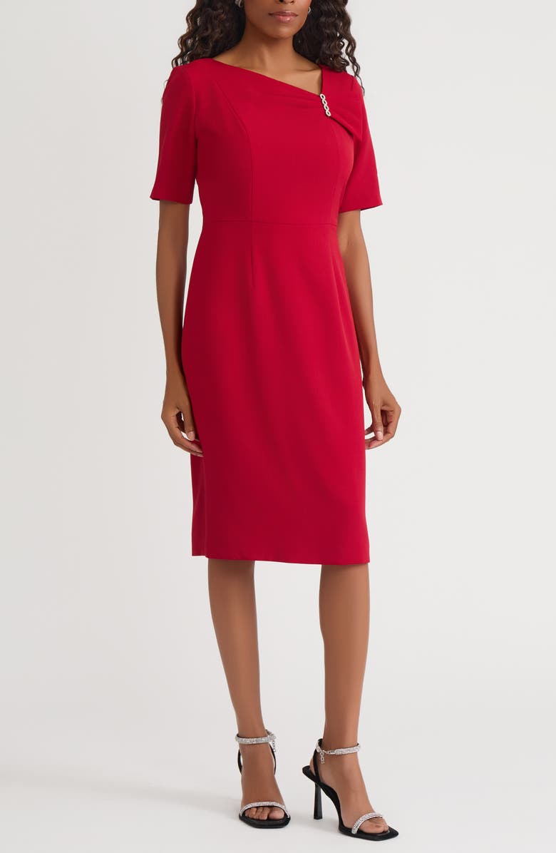 KASPER Asymmetric Neck Sheath Dress, Main, color, Fire Red