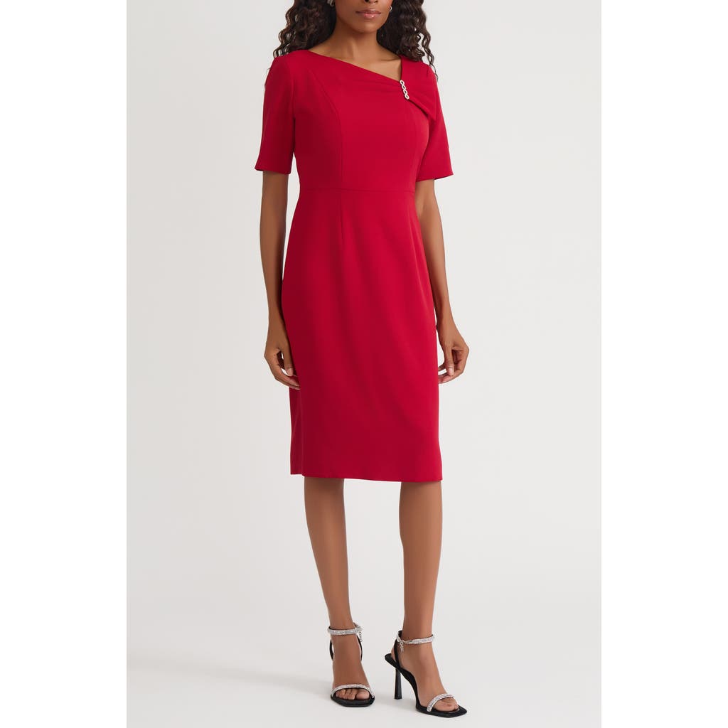 Kasper Asymmetric Neck Sheath Dress In Red