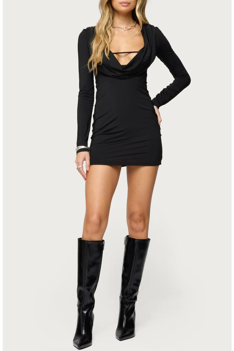 Nairobie Cowl Neck Long Sleeve Minidress, Main, color, BLACK