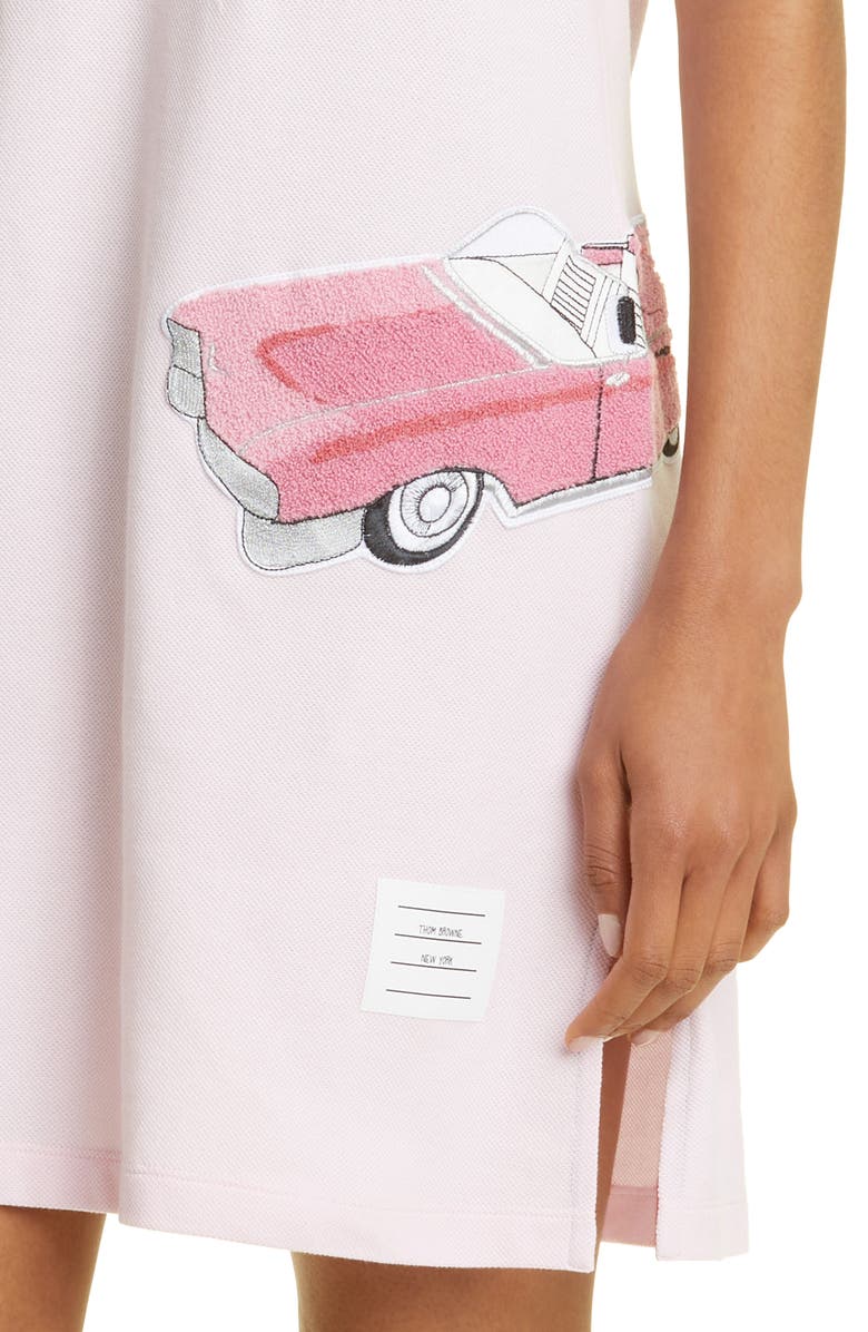 Thom Browne Car Bouclé Patch Embroidered Short Sleeve Silk Piqué Polo Dress, Alternate, color,