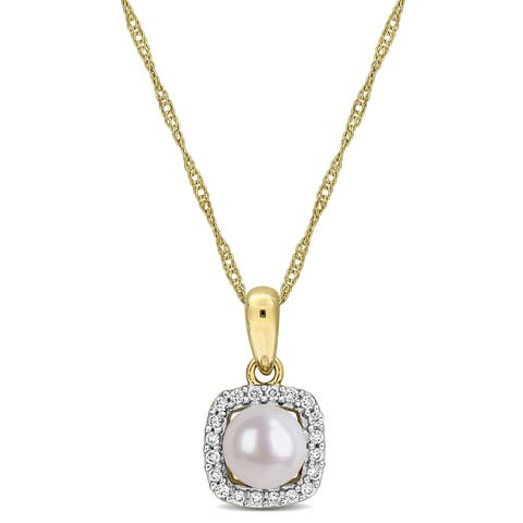 Cultured Pearl & Lab-Grown Diamond Halo Necklace 10k