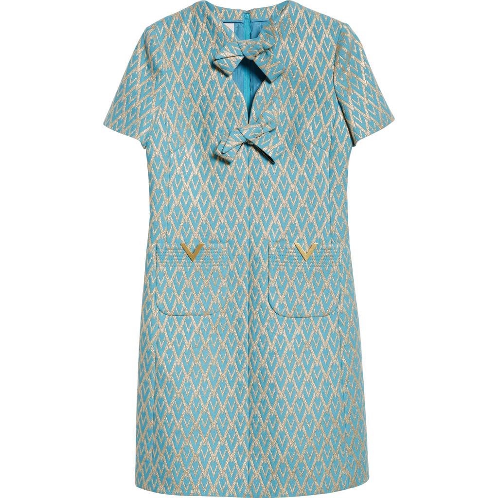 Shop Valentino Garavani Bow Detail Metallic Jacquard Minidress In Blue/gold
