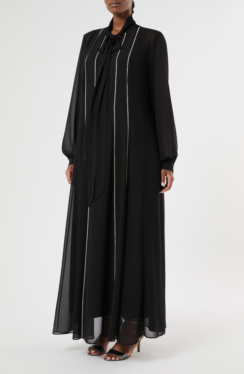 Marina Rinaldi Pagine Rhinestone Stripe Crêpe de Chine Maxi Shirtdress, Main, color, Black
