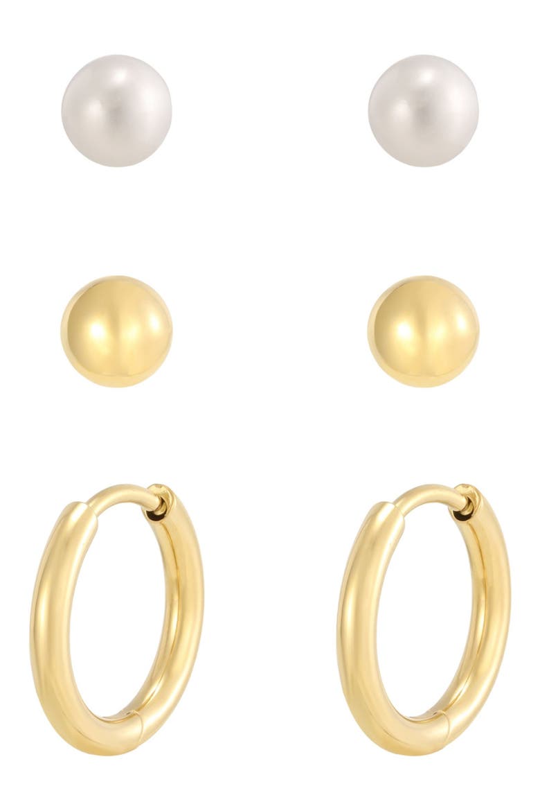 Set of 3 Pair 18k Gold Plated Freshwater Pearl & Stud Earrings, Alternate, color, WHITE/ GOLD