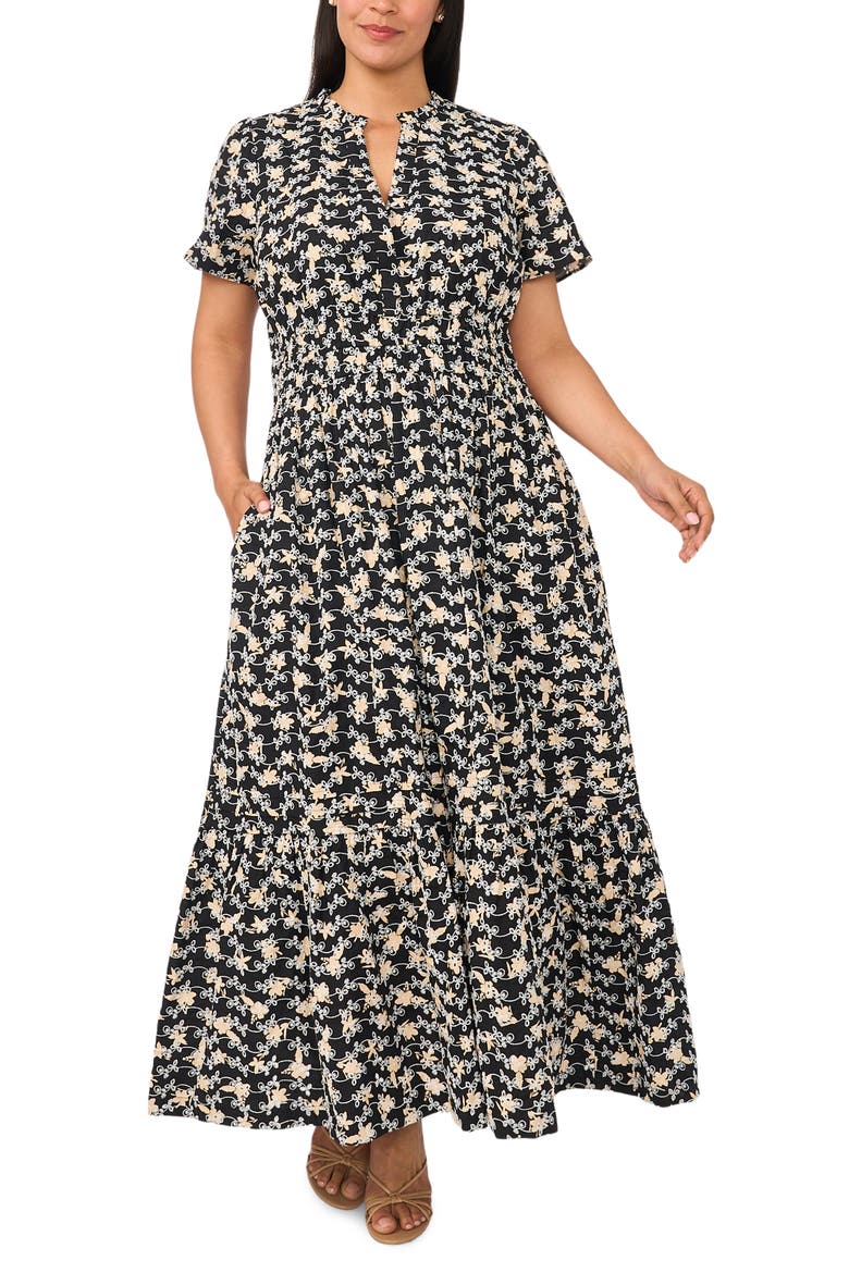 Embroidered Split Neck Tiered Cotton Maxi Dress, Main, color, RICH BLACK