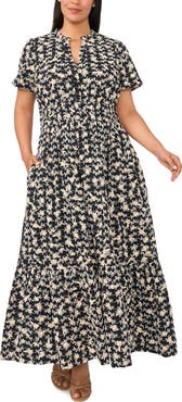 CeCe Embroidered Split Neck Tiered Cotton Maxi Dress