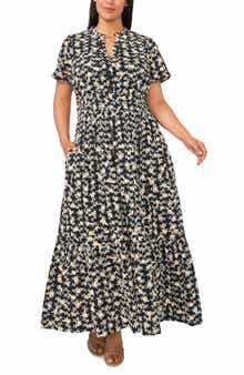 Embroidered Split Neck Tiered Cotton Maxi Dress