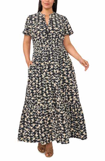 Embroidered Split Neck Tiered Cotton Maxi Dress