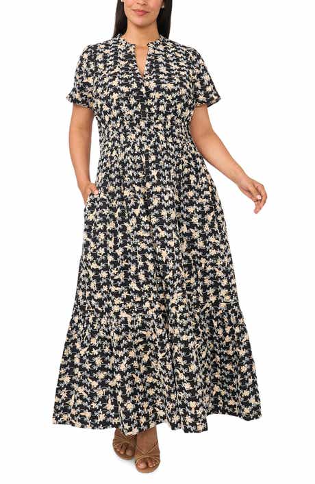 Embroidered Split Neck Tiered Cotton Maxi Dress