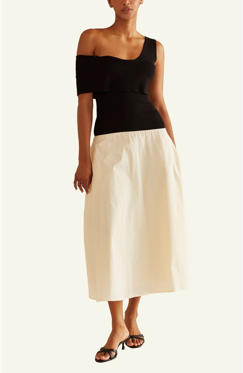 CRESCENT Contrast One Shoulder Midi Dress, Main, color, Black/Oatmeal