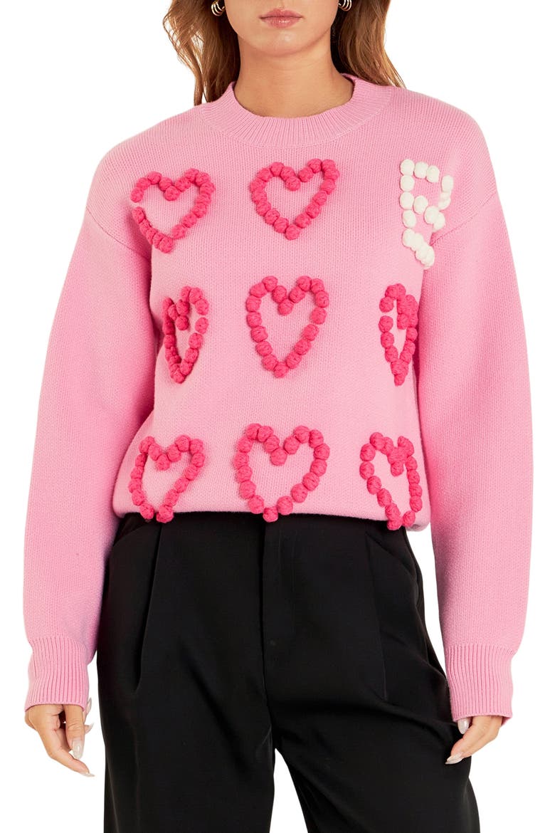 Pompom Heart Sweater, Main, color, PINK