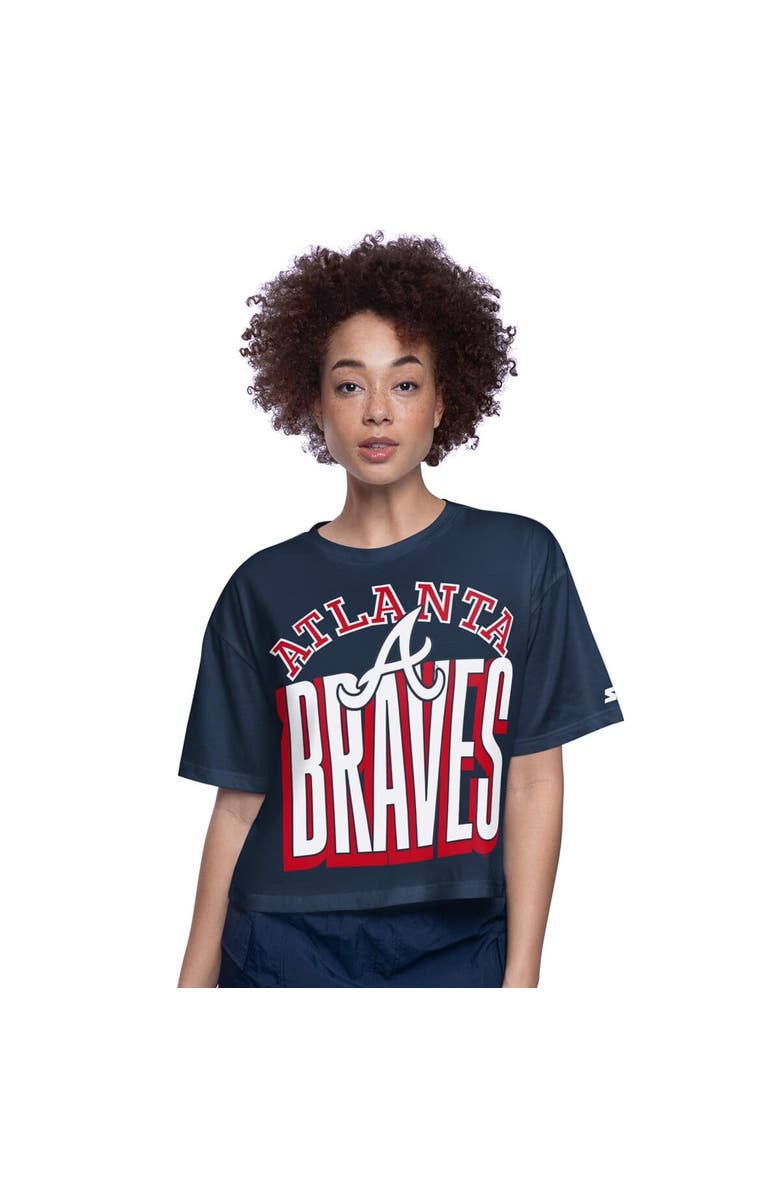 STARTER Women's Starter Navy Atlanta Braves Play the Ball Boxy Cropped T-Shirt, Main, color, 