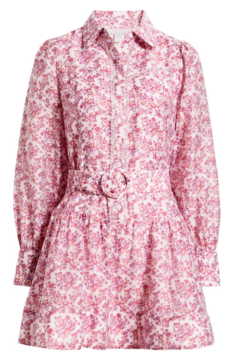 Chelsea28 Lace Trim Belted Long Sleeve Mini Shirtdress, Alternate, color, Magenta Savannah Medallion