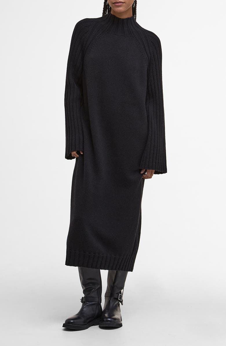 Barbour Vera Funnel Neck Long Sleeve Cotton Blend Midi Sweater Dress, Main, color, Black