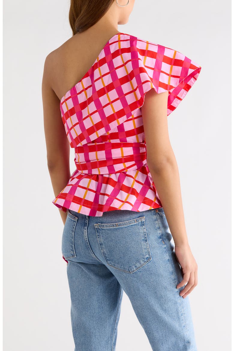 Darvy Plaid One-Shoulder Cotton Top, Alternate, color, PINKS-ORANGE
