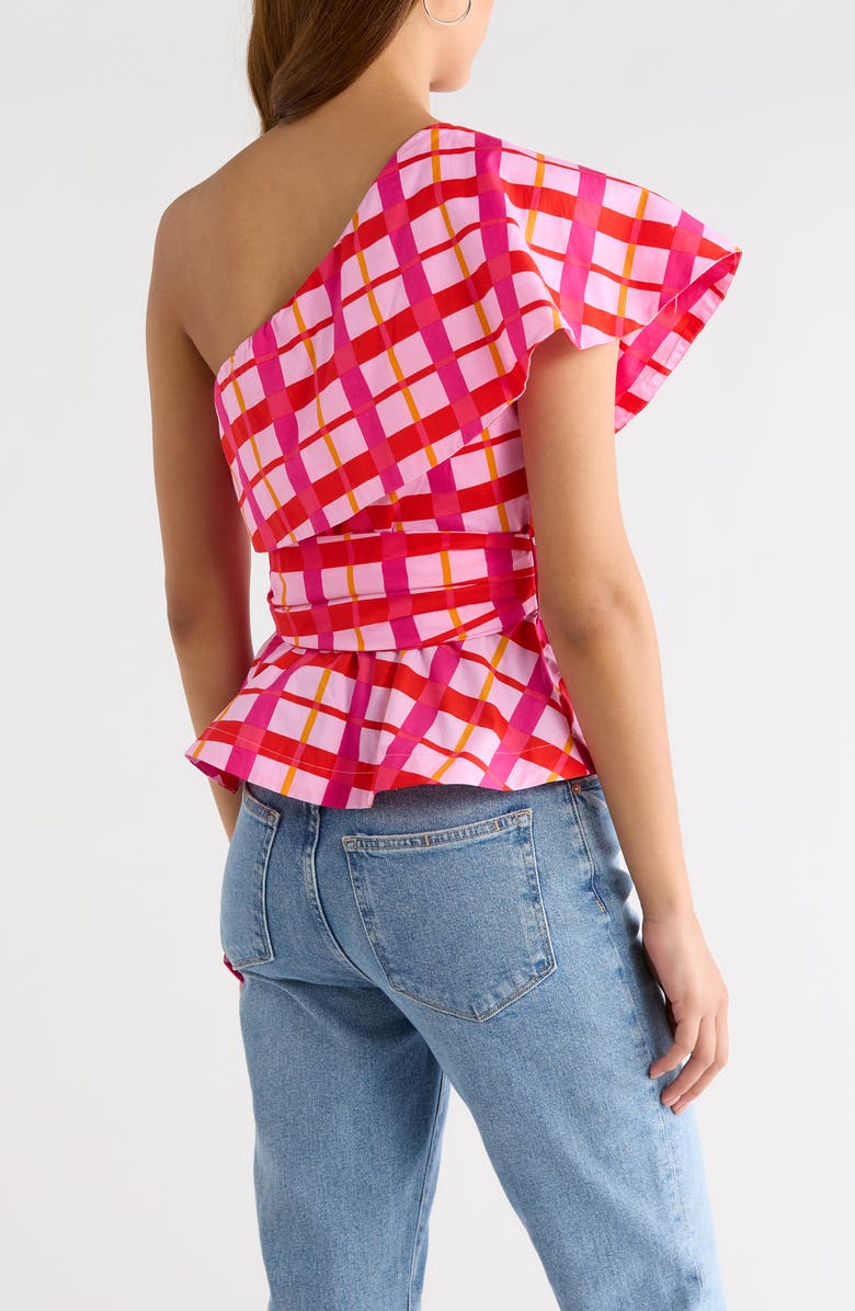 SUGARLIPS Darvy Plaid One-Shoulder Cotton Top, Alternate, color, Pinks-Orange