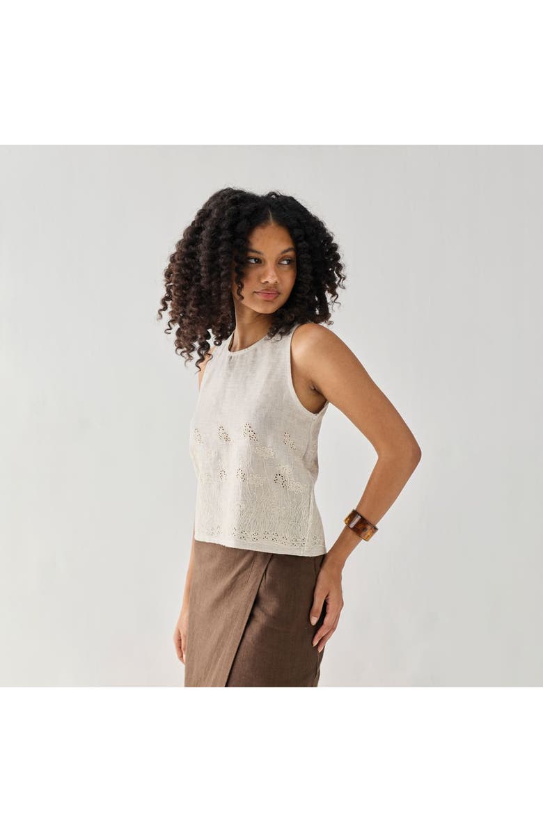 Reistor Embroidered Button Back Top in Checkered Linen, Alternate, color, Embroidered Linen White