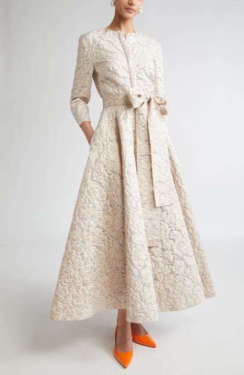 Metallic Floral Jacquard Trench Midi Dress