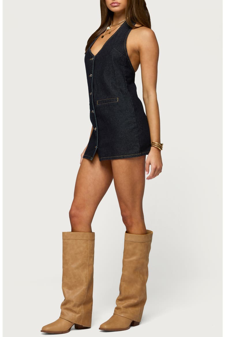Destinee Denim Halter Minidress, Alternate, color, INDIGO-BLUE-RAW-WASH