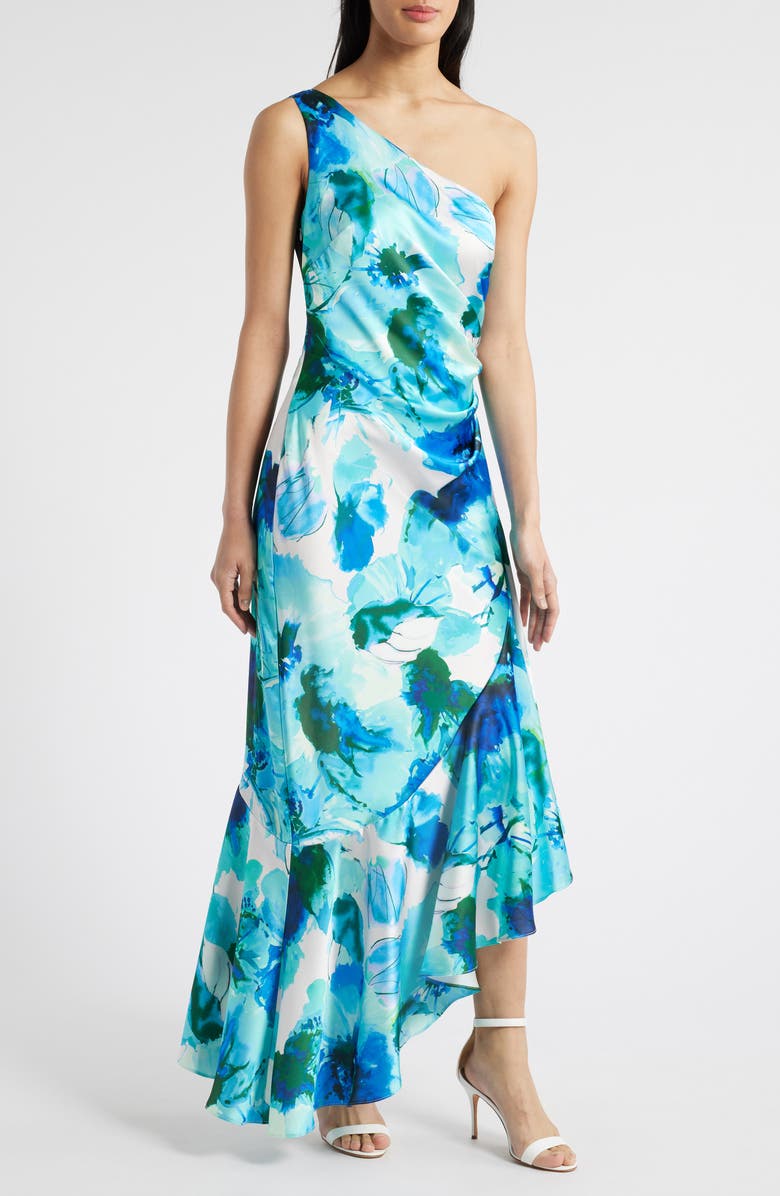 Eliza J One-Shoulder Ruffle Cocktail Dress, Main, color, Blue