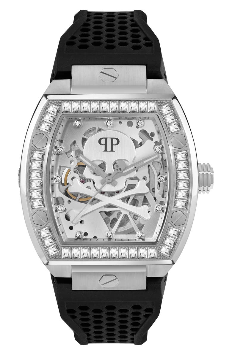 PHILIPP PLEIN The Skeleton Silicone Strap Watch, 44mm, Main, color, Stainless Steel