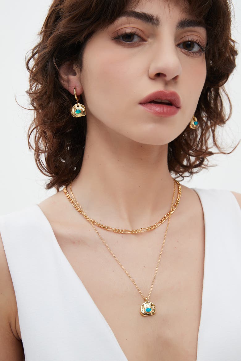 Aria Gemstone Pendant Necklace and Figaro Chain Layering Set, Alternate, color, Gold/Sky Blue